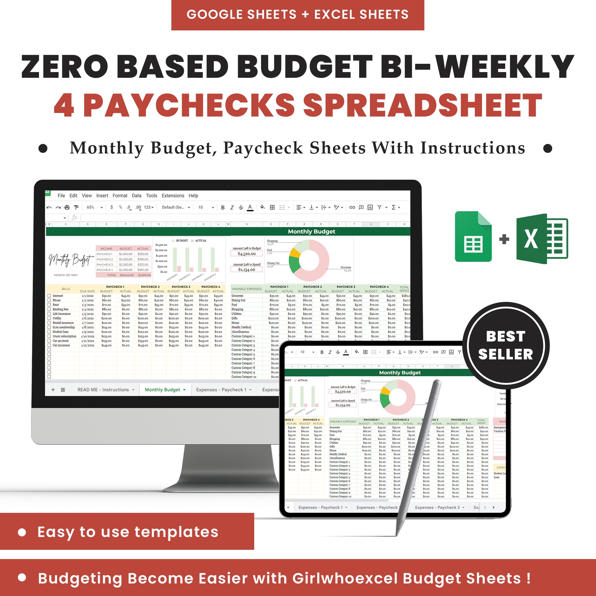 Zero-Based Budget Bi-Weekly 4 Paychecks Spreadsheet - Maximize Your Budget With This Easy To Use Spreadsheet