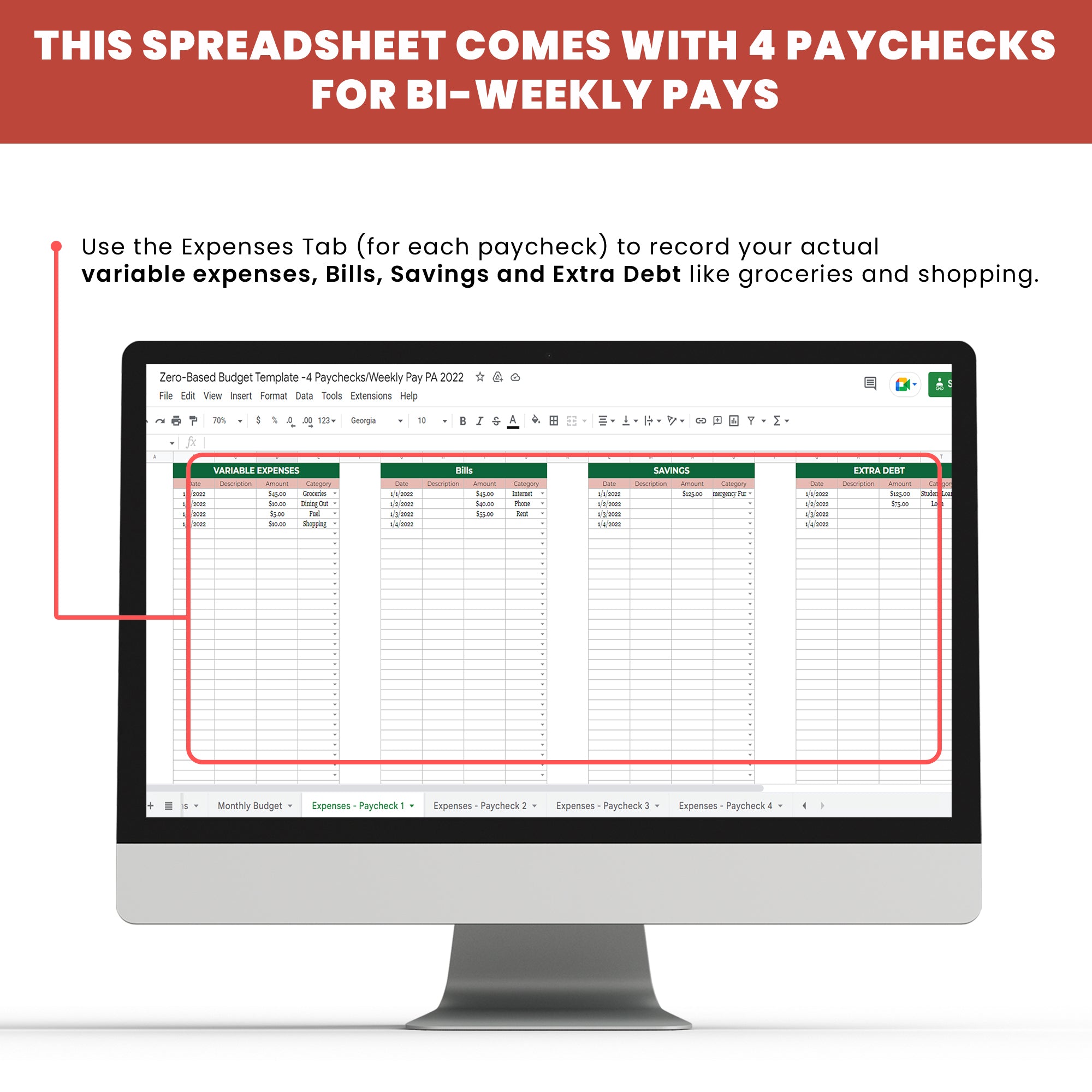Zero-Based Budget Bi-Weekly 4 Paychecks Spreadsheet - Maximize Your Budget With This Easy To Use Spreadsheet